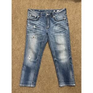 Miss Me Boyfriend Capri Women's Jeans Size 27 Blue Distressed Embroidered Denim
